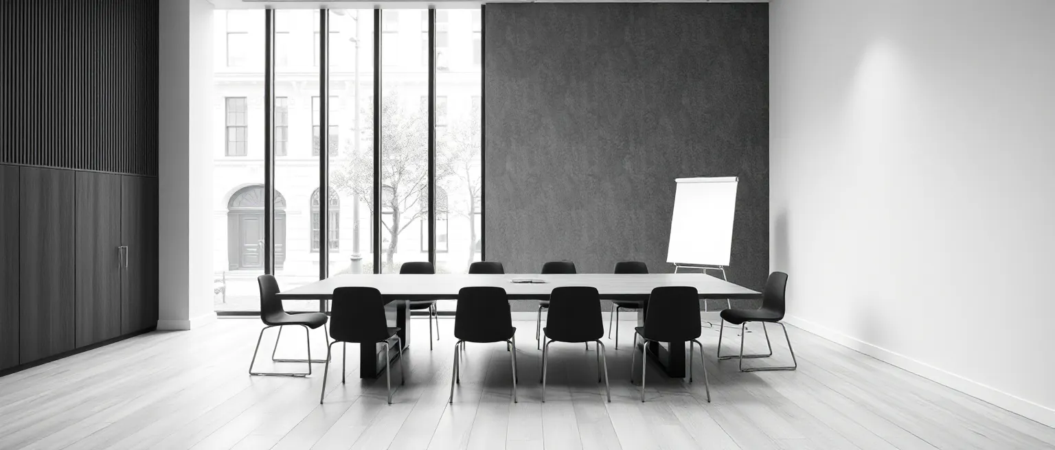 La sala de reuniones del despacho, con la mesa y la ventana a la calle.